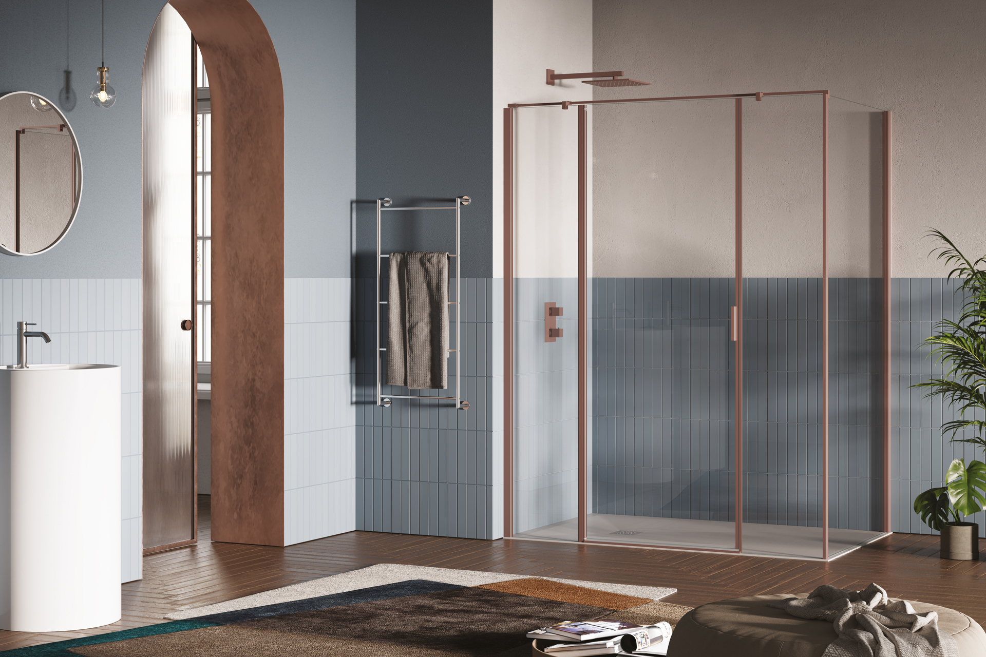 Porta battente con due fissi in linea + Parete fissa